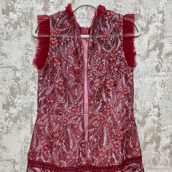ML Monique Lhuillier Floral Lace Mini Dress with Sheer Ruffle Maroon/Oyster Pink - Picture 4 of 5